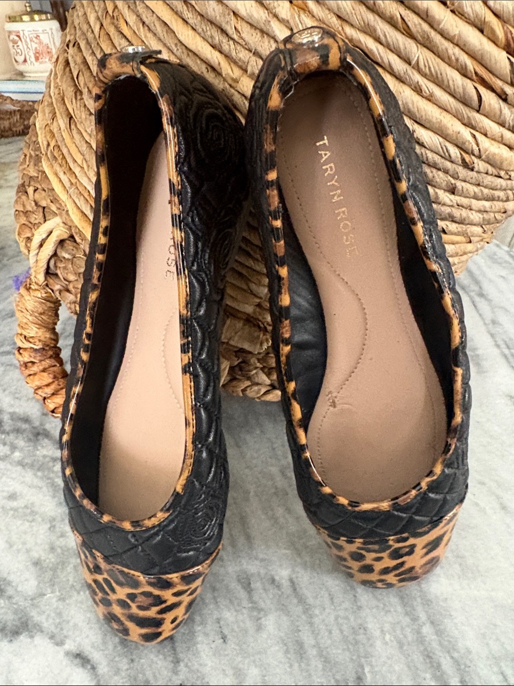 Taryn Rose Black Quilted Flats with Leopard Trim